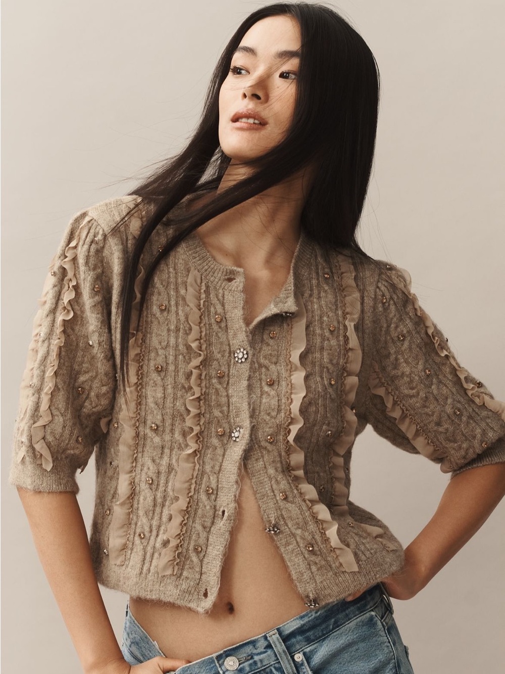 Maeve Short-Sleeve Embellished
Ruffled Cardigan Sweater